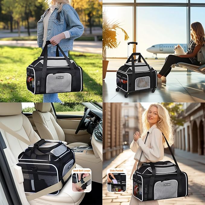 Petskd Top-Expandable Pet Carrier with Wheels 19x13x9 Inches Southwest Allegiant Airlines Approved, Soft-Sided Carrier for Small Dog Under 12 lbs and Large Cat Under 15 lbs(Black)