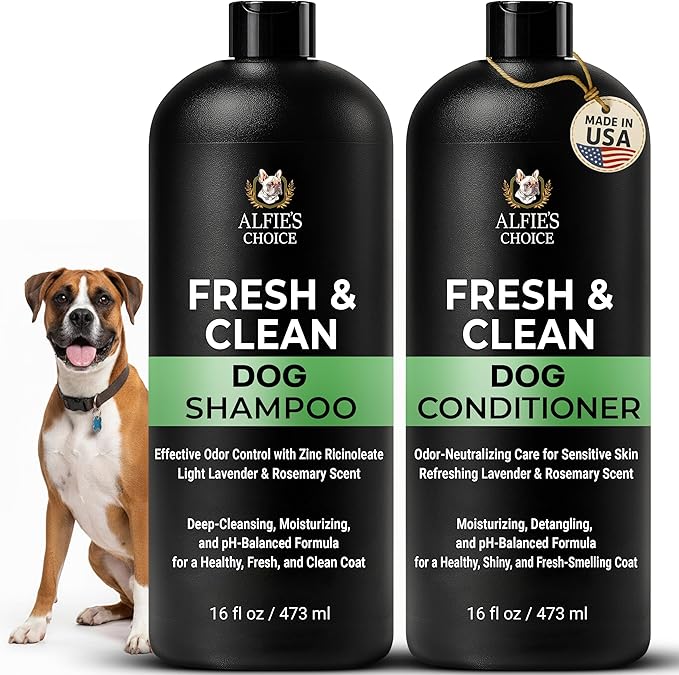 ALFIE'S CHOICE Fresh & Clean Dog Shampoo and Conditioner Set | 16 fl oz Each | Lavender & Rosemary | Deep Cleansing for Smelly Dogs | Deodorizing & Odor Control
