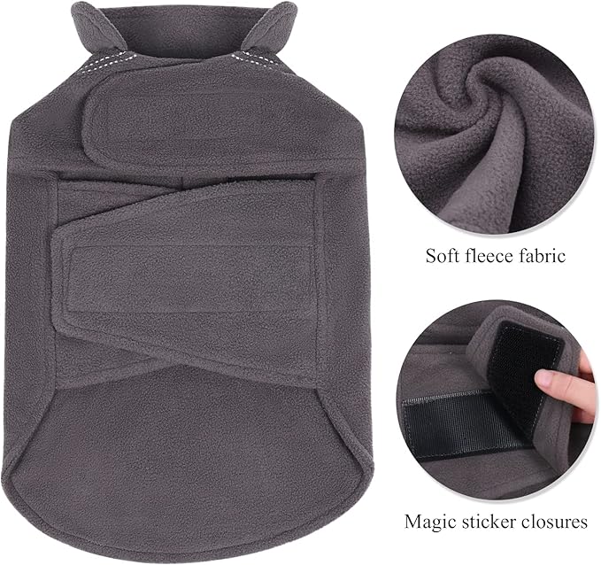 VIVAGLORY Dog Fleece Coat Warm Jacket with Hook and Loop Fastener, Easy to Take on and Off, Winter Vest Sweater for Small Medium Large Dogs Puppy Windproof Clothes for Cold Weather, Grey, XXS