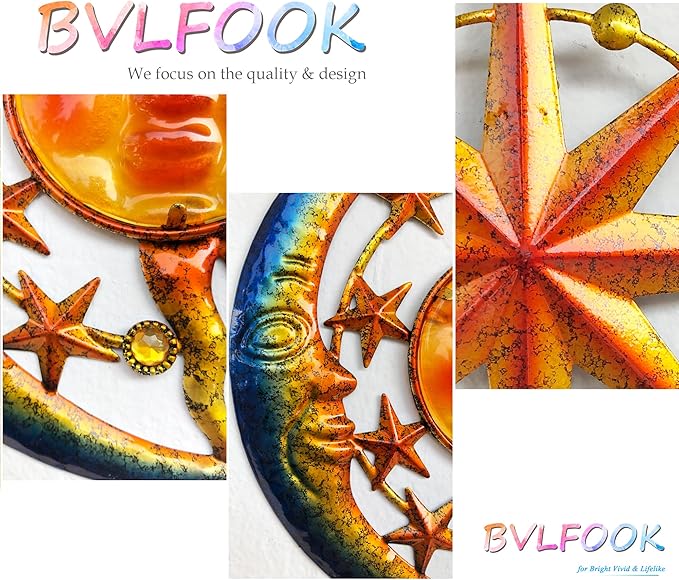 Sun Moon Star Metal Wall Art, Glass Sun Face Weird Decor, Set of 3, Indoor Outdoor Wall Decor for Patio Garden Balcony Porch Yard, Farmhouse Bedroom Living Room Wall Decorations