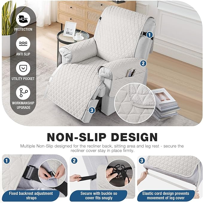 TAOCOCO 100% Waterproof Recliner Cover - Recliner Cover with Non-Slip Granule, Recliner Chair Covers with Elastic Band, Recliner Chair Covers for Reclining Chair(White,Oversized-30'')