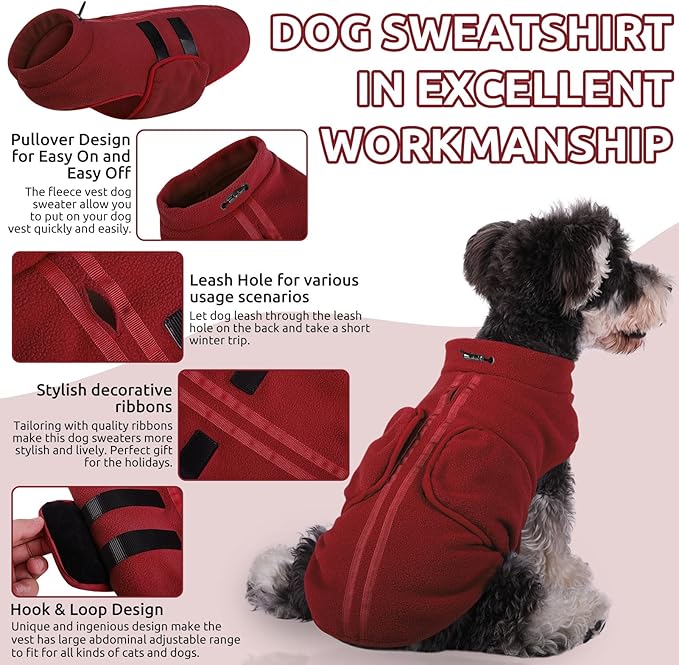 Queenmore Large Dog Sweater, Soft Fleece Vest Pullover Dog Jacket with Leash Hole, Warm Winter Dogs Clothes Cold Weather Doggy Dachshund Sweaters for Large Dogs Cats Boy or Girl (Burgundy, L)