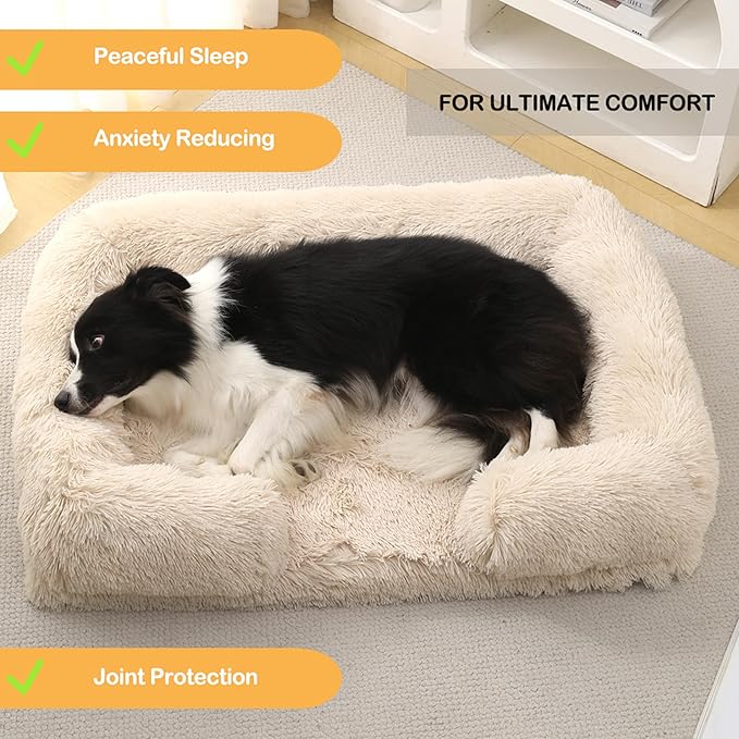Orthopedic Dog Bed for XXL Dogs - Washable Memory Foam Pet Sofa, Fluffy Plush Rectangular Bed, Waterproof Anti-Anxiety Couch, Light Brown, XXL