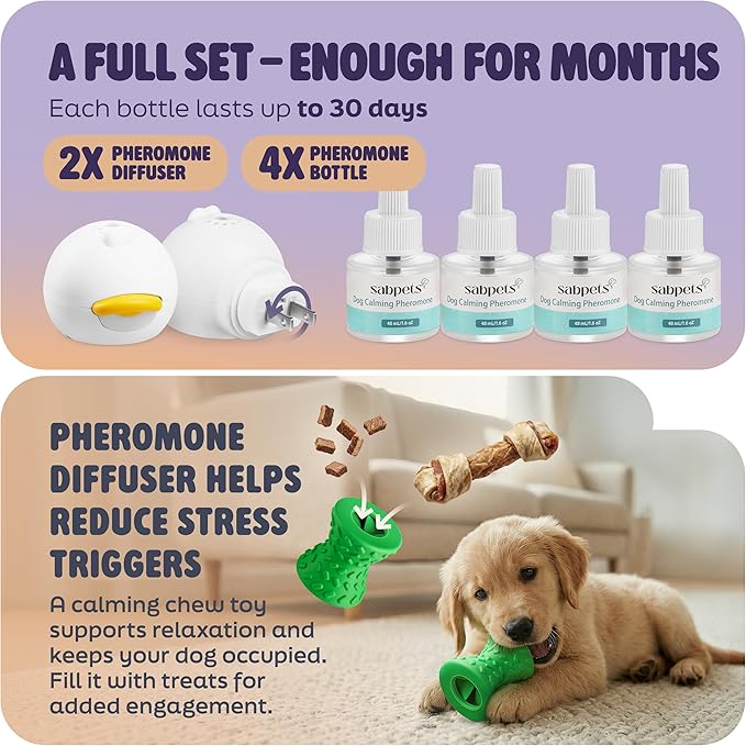 Dog Calming Diffuser Kit with Toy – Helps Reduce Barking, Pee Accidents & Separation Anxiety – Pheromone Plug-in for Dogs – 2 Diffusers + 4 Refills