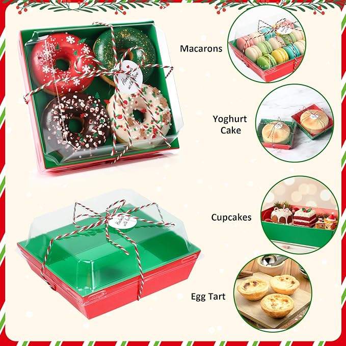 Outus 100 Pack Charcuterie Boxes with Clear Lids, 5.7 x 5.1 '', Mother 's Day Back to School Paper Food Containers Cake Take out Bakery Boxes with Gift Tags Rope for Desserts(Green,Red,Christmas)