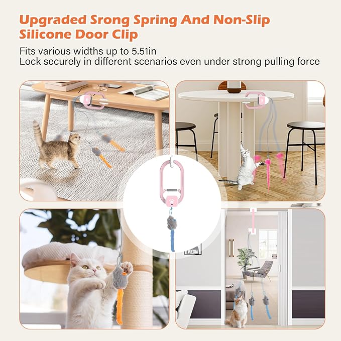 Rechargeable Electric Cat Teaser with Remote – Interactive Door Clip Teaser for Cats, 2 Motion Modes (360° Spin & Irregular Jumping), Smart Auto Cat Toy for Exercise & Fun (Pink)
