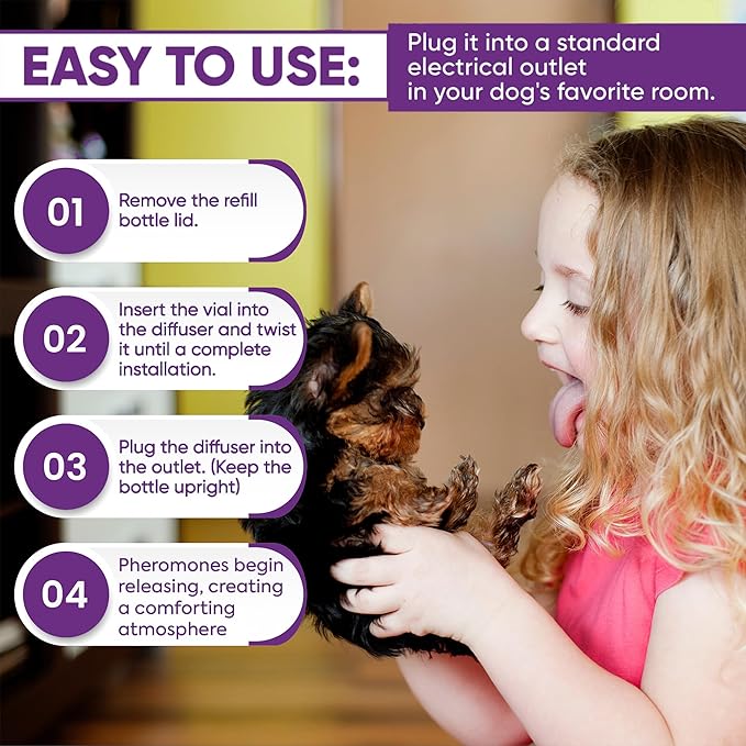 TopSum Calming Diffuser for Dog: Dog Pheromones Calming Diffuser Plug for Stress, Barking, Chewing, Pee Accidents & Separation Behaviors (Purple– 6 Refills)