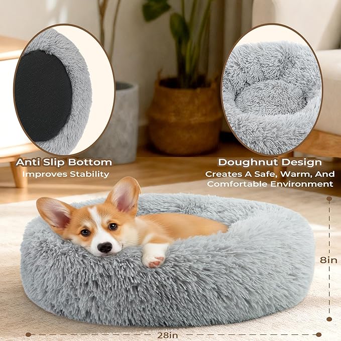 Calming Anti-Anxiety Donuts Dog And Cat Bed, Round Fluffy Soft Washable Small Medium Pet Bed For Puppy And Kitten, Cuddler Warming Comfortable Cushion, Luxury Anti-Slip Waterproof Mute Base 28in Gray