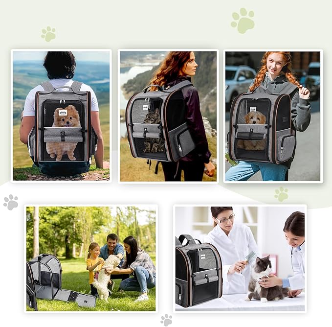 Lekebobor Large Cat Backpack Carrier Expandable Pet Carrier Backpack for Small Dogs Medium Cats Fit Up to 18 Lbs, Dog Backpack Carrier, Foldable Puppy Backpack Carrier for Travel, Hiking, Grey