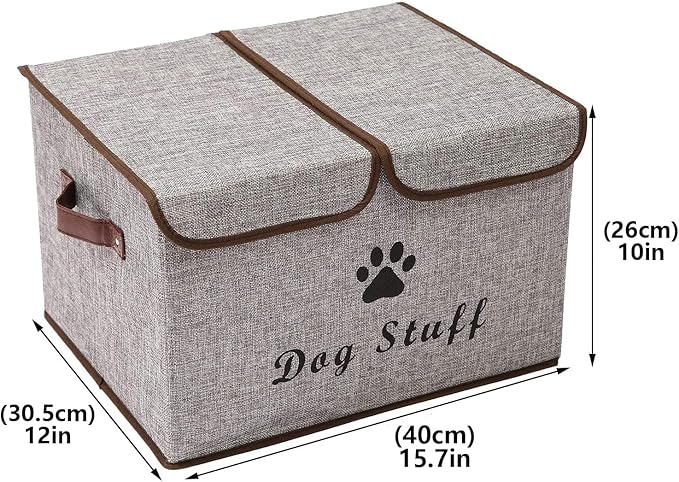 Geyecete Large Storage Boxes - Large Linen Fabric Foldable Storage Cubes Bin Box Containers with Lid and Handles for Dog Apparel & Accessories, Dog Coats, Dog Toys, Dog Clothing(Grey)