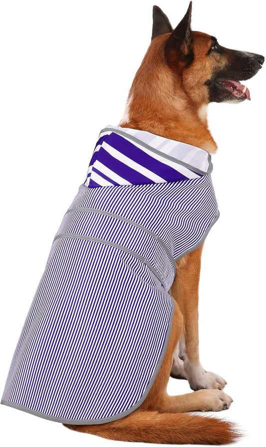Dog Raincoat for Medium Dogs Puppies Waterproof Hooded Rain Jacket with Reflective Strips Leash Hole & Poncho Adjustable Fit (Bluestripe,L)