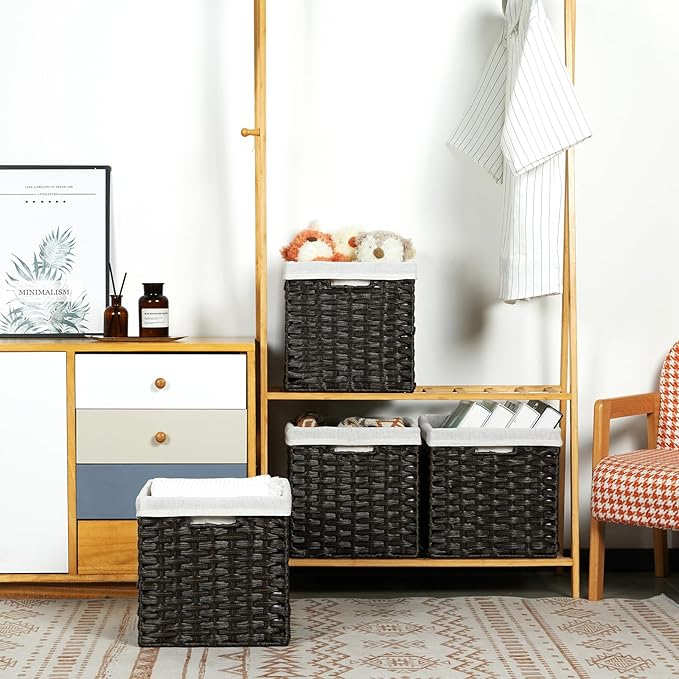 Bidtakay Black Wicker Cube Baskets 11 inch 4 Pack Waterproof Hand-Woven Storage Baskets for Organizing Pantry Bedroom