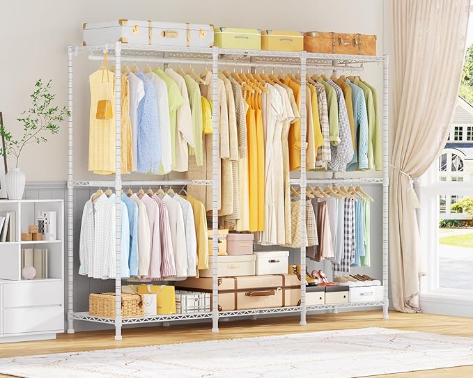 E14 Pro Heavy Duty Clothes Rack，Freestanding Clothing Racks for Hanging Clothes，Adjustable Closet Organizers and Storage，Metal Garment Rack with Shelves 69"W x16"D x77"H，Max Load 960LBS，White