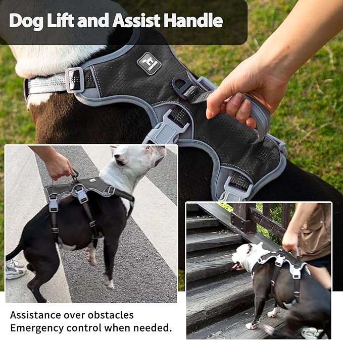 Huntboo Escape Proof Dog Harness, Escape Artist Harness, Reflective Harness with Padded Handle, Breathable, Durable, Adjustable Vest for Medium Dogs Walking, Training, and Running Gear (Black, S)