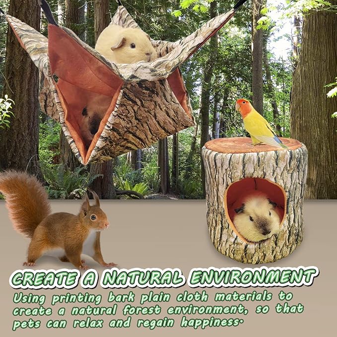 Guinea Pig, Rat & Ferret Tree Hole Bed and Hammock Tunnel, Parrot Bird Hideout and Soft Bed