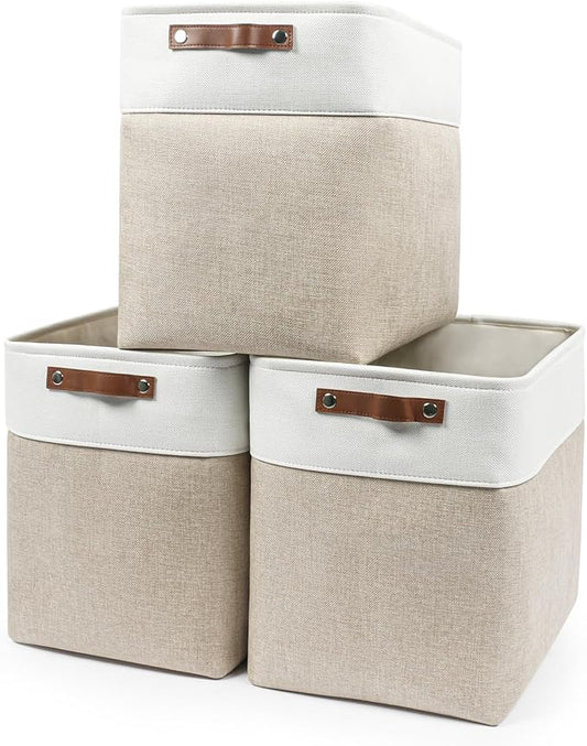 Large Fabric Storage Baskets | 50L Storage Bins, Decorative Linen Closet Baskets with Handles for Organizing, Shelf, Toys, Clothes, Home, Office, Nursery, 17x12x15Inches (Beige&White)