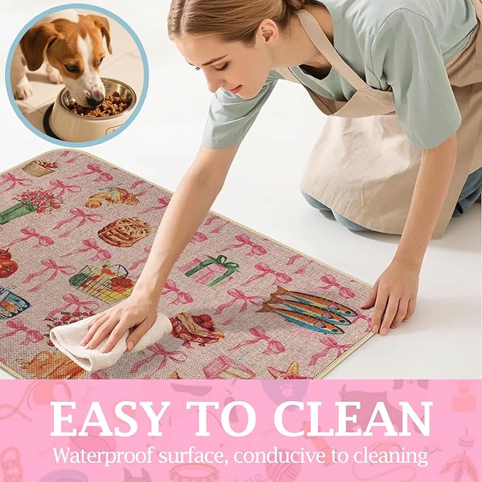 SHIYUE Dog Food Mats for Floors, Absorbent Cat Bowl for Food and Water, Non-Slip Accessories Pet Supplies(16"x24",Pink Bow Food)
