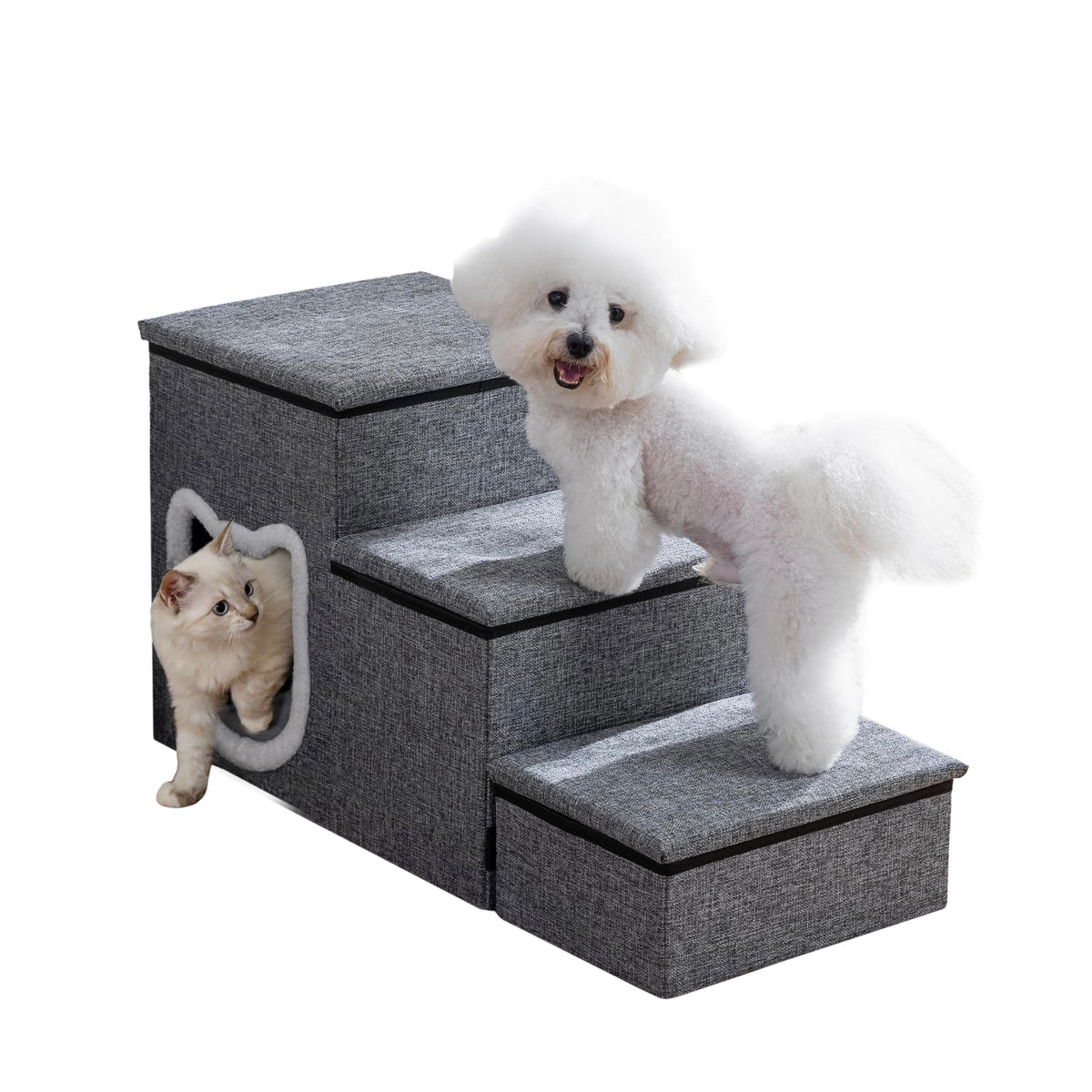 17"H Cat Stairs for Old Cats, Dog Stairs for Small Dogs, Grey - Image 1