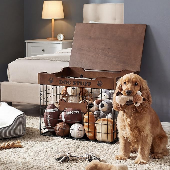 Dog Toy Bin Basket with Lid, 15.4'' Large Metal Dog Toy Storage Box with Bone Handle, Organizer Chew for Living Room, Farmhouse Food Storage Organizer for Leash Chew Blankets Clothes(Brown)