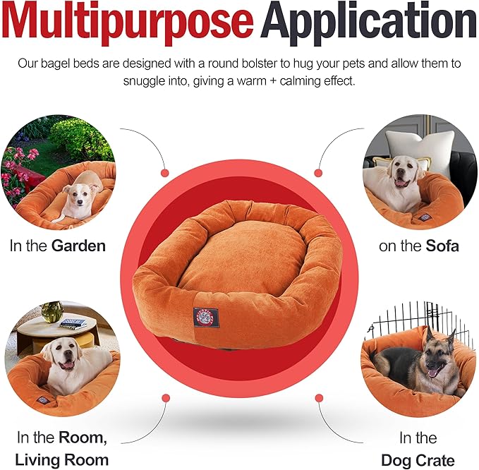 Majestic Pet 52 Inch Micro Velvet Calming Dog Bed Washable – Cozy Soft Round Dog Bed with Spine for Head Support - Fluffy Donut Puppy Mat 52x35x11 (inch) X- Large – Orange