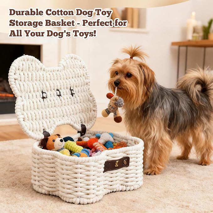 Dog Toys Bin, Cotton Rope Basket Bone Shaped Pet Toys Organizer, Handmade Pet Toy Bin, Woven Baskets for Storage, 14.96" x 11.22" x 6.5"inch