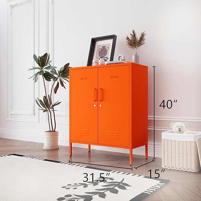 Orange Heavy Duty Metal Storage Cabinet, Multifunctional Lockable Cabinet with 3 Adjustable Shelves, Secure Industrial Organizer for Home Office School, Easy Assembly, 40" H x 31.5" W x 15" D