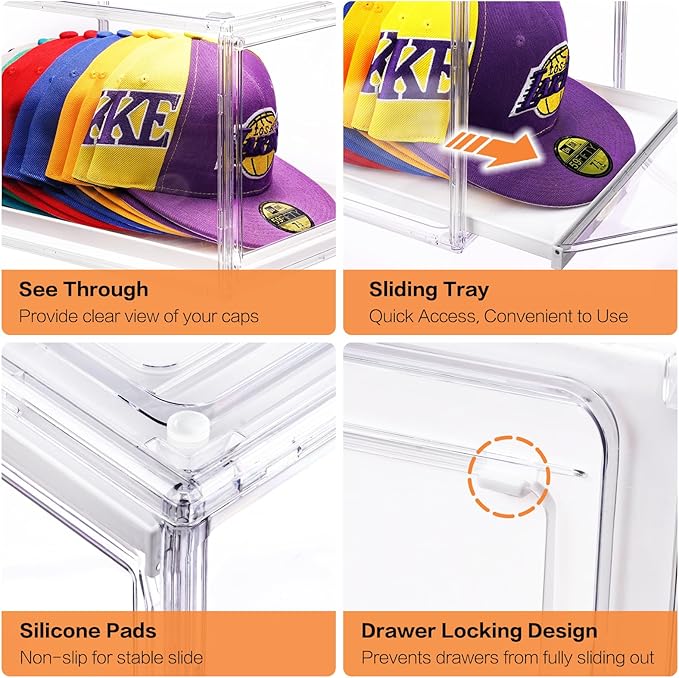 Hat Storage Box for Baseball Cap, Large Clear Hats Organizer Container with Sliding Tray Drawer, Stackable Caps Display Case with Magnetic Door for Closet Holds 8-10 Hats 1Pack