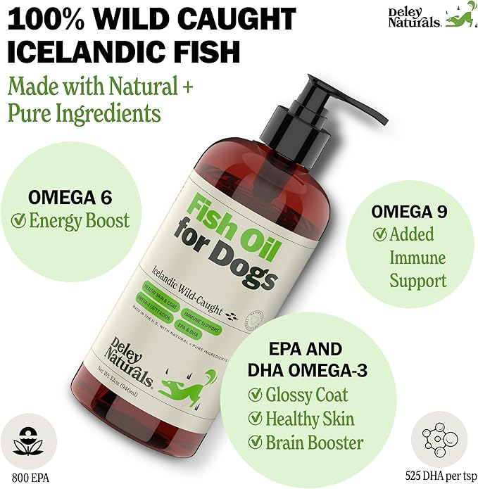 Deley Naturals Fish Oil for Dogs - Itch Relief for Dogs with Omega 3 6 9 for Skin, Joints, Heart and Brain Health - Icelandic Omega 3 Fish Oil for Dogs Skin Irritation - 32oz Omega Oil Made in USA