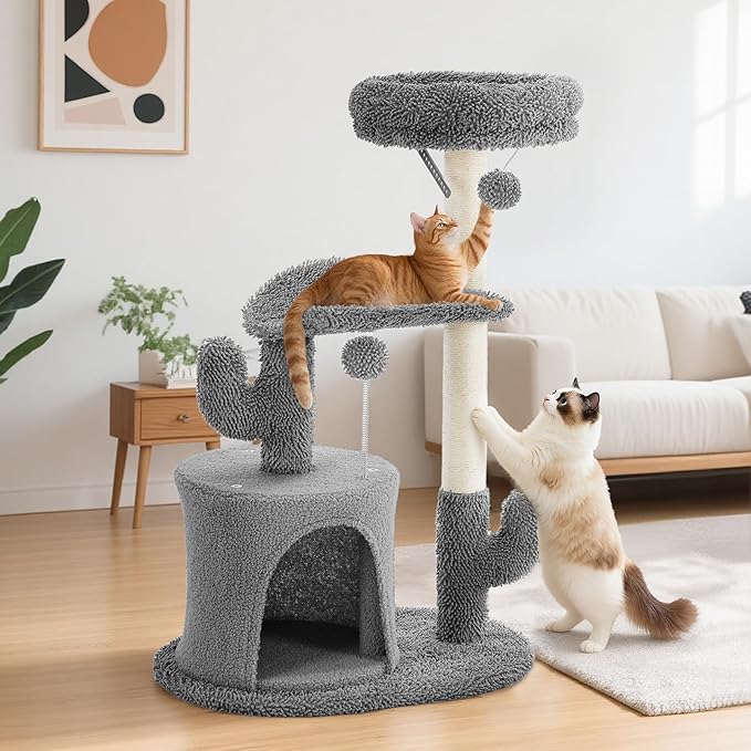 33 inch Multi-Level Cat Tree Tower with Scratching Posts, Cozy Perches and Stable Climbing Platform for Indoor Cats,Grey