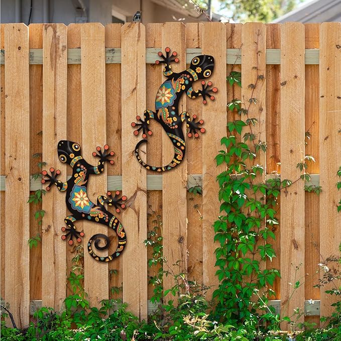 Metal Gecko Outdoor Decor -2 Pack 11.8 inch Metal Lizard Wall Hanging Sculpture Decoration for Indoor or Outdoor, Garden Yard Fence Porch Wall Decorations (Black)