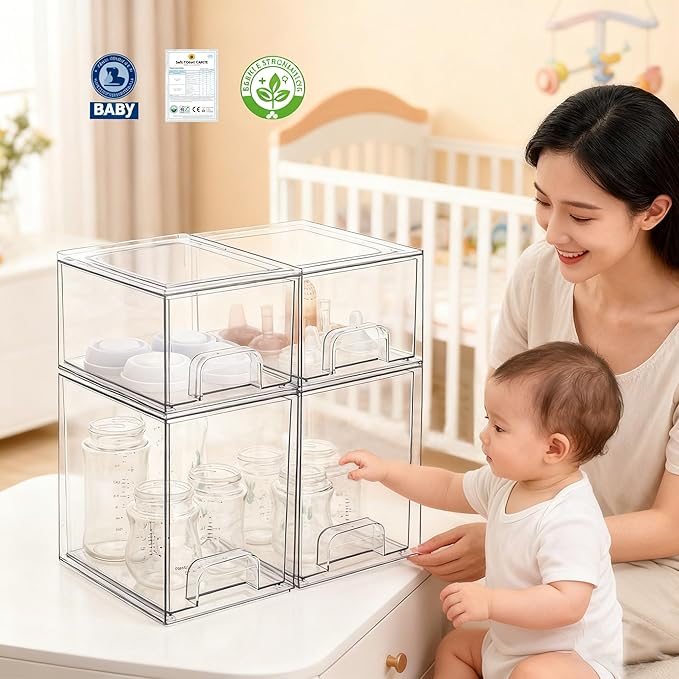 Baby Bottle Storage Organizer - Acrylic Storage Containers, Clear Stackable Drawer Baby Bottle Station Organizer for Countertop Cabinet, BPA-Free, Lead-Free (2 Small+2 High, Clear)