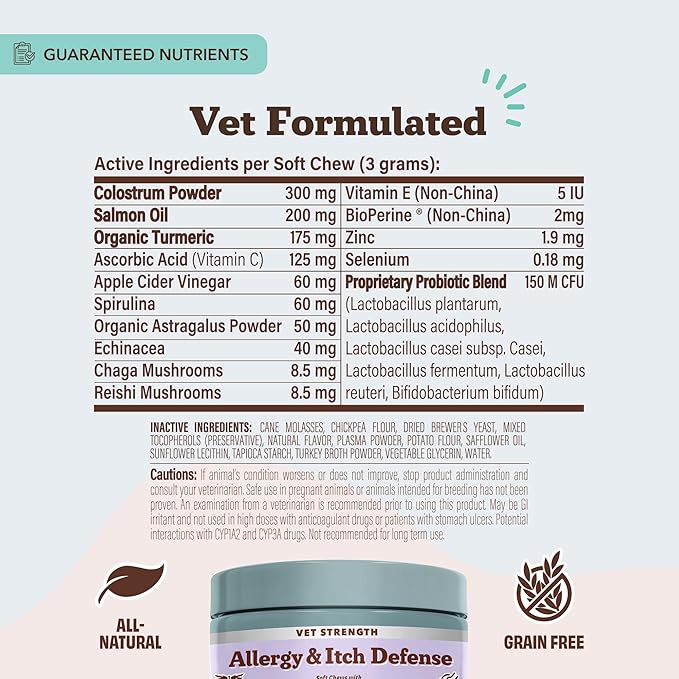 Natural Dog Company Allergy & Itchy Defense Chews 90 ct, Vet Strength High-Concentration Dog Allergy Relief with 2.4X Colostrum,2X Salmon Oil & 1.5X Probiotics, Supports Immune,Coat & Gut Health