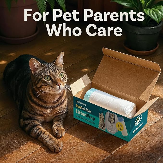 PurrTek Max Cat Litter Box Liners — LitterWrap Drawstring Bags for Automatic & Self-Cleaning Litter Boxes | Precision Fit, Jumbo Heavy-Duty, Leak-Proof, Unscented Odor Control, Replacement Refills