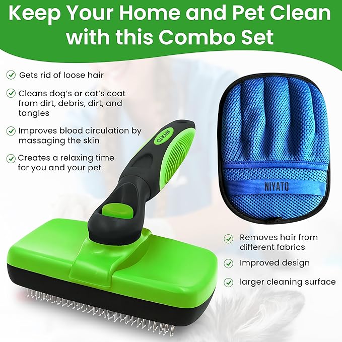 A De-Shedding Brush and a Magic Pet Hair Remover Glove Set. A Self Cleaning Brush for Short Haired and Long Haired Dogs and Indoor Cats. A Grooming Comb and a Mitt with Improved Design.