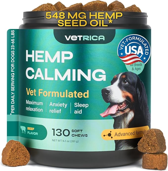 Calming Chews for Dogs Anxiety Relief - Hemp Calming Chews for Dogs with Valerian Root, Hemp Seed Oil, Turmeric, L-Theanine - Soft Treats for Storms, Fireworks, Separation, Vet Visits, Grooming