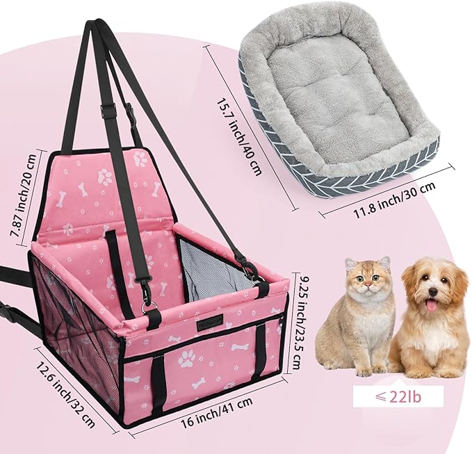 PetsHome Dog Car Seat Foldable Dog Car Booster Seat Waterproof Breathable Oxford Travel Bag for Small to Medium Dogs, Puppies, and Pets-Pattern Pink+Mat