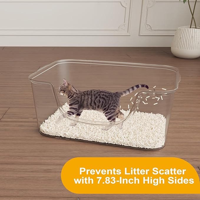 Low Entry Cat Litter Box with High Sides - Open-Top Anti-Splash, Durable Easy-Clean Pan for Kittens, Munchkin Cats, Senior Medium-Sized Cats & Small Pets (Rabbits), 19.3”x13.3”x7.8” Grey