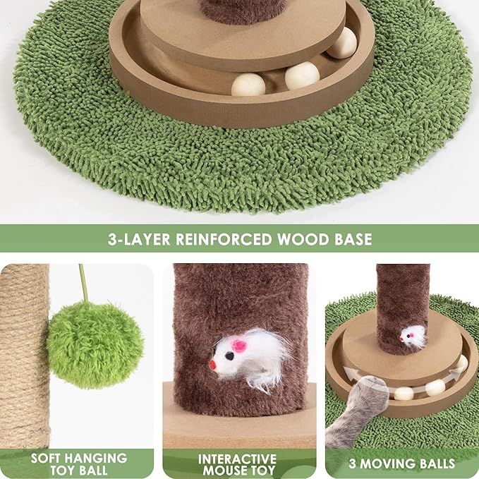 Cat Scratching Post, 35 Inch Tall Cat Scratcher Cat Tree Tower with Hanging Ball for Indoor Cats Adults,Sisal Rope Kitten Scratch with Interactive Mouse Cat Toy (41in, Peacock Plant Leaves)