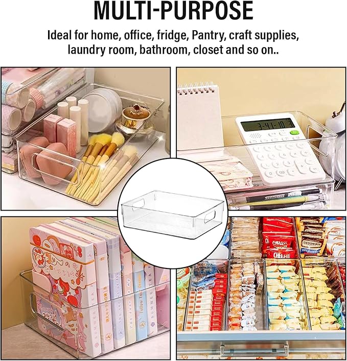 Multiple clear storage bins organizing kitchen cabinet and pantry
