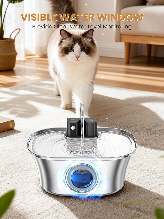 Cat Water Fountain Stainless Steel Cat Fountains for Drinking-108oz/3.2L Quiet Water Fountain for Cats Wireless Cat Water Fountain with Water Level Window for Cats&Dogs Indoor (3 Filter)