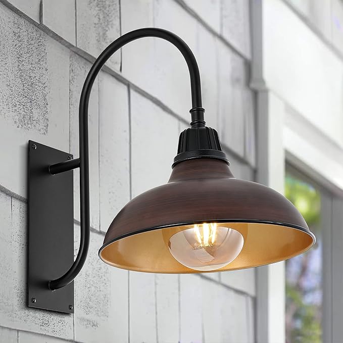 JONATHAN Y JYL7614G Stanley 12.25" 1-Light Farmhouse Industrial Indoor/Outdoor Iron LED Gooseneck Arm Outdoor Sconce Metal Bowl Shade Vintage Cottage Rustic Porch Patio Yard Barn, Wood Finish/Copper