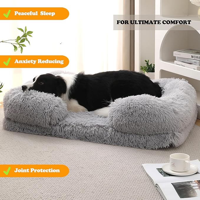Orthopedic Dog Bed for XXL Dogs - Washable Memory Foam Pet Sofa, Fluffy Plush Rectangular Bed, Waterproof Anti-Anxiety Couch, Light Gray, XXL