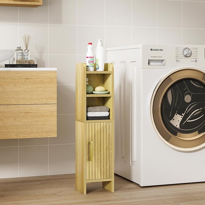 Small Bathroom Storage Corner Floor Cabinet Narrow Toilet Paper Cabinet with Adjustable Shelves Wooden Slim Bathroom Organizers and Storage with Fluted Door for Small Spaces, Wood