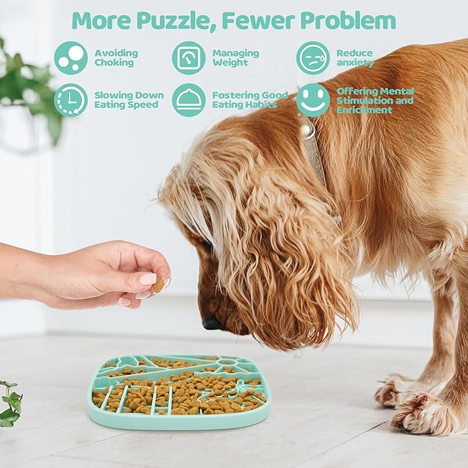 Puzzle Feeder Dog Lick Mat,Freezable Dog Enrichment Toys for Mental Stimulation and Anxiety Relief, Silicone Lick Mat for Dogs and Cats, Dog Slow Feeder that Supports All Types of Food, Green
