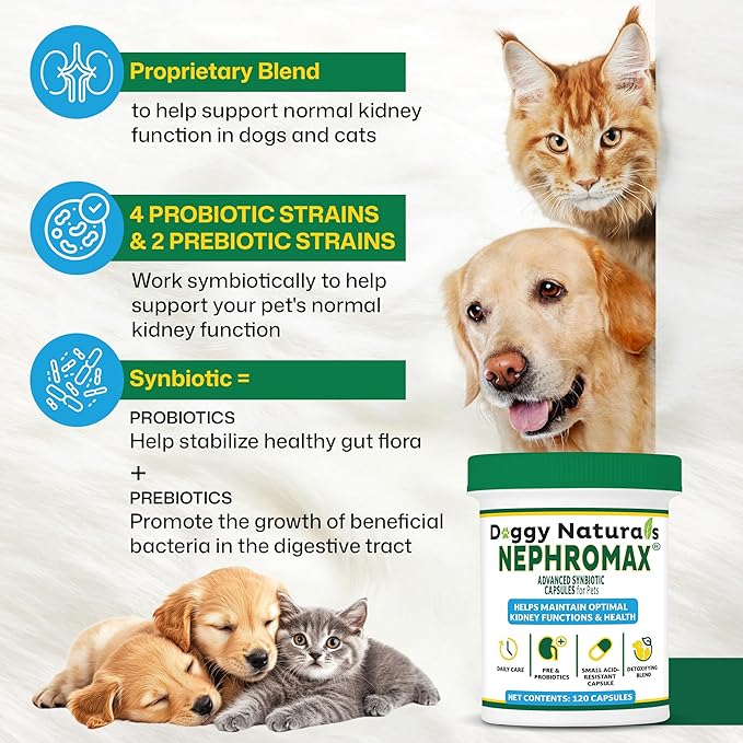 NEPHROMAX™ Synbiotic Capsules Dogs Cats (240 Caps)- Kidney Support Supplement for Cats & Dogs, Probiotics & Prebiotics for Digestive Health, Small & Easy-to-Swallow Capsules Made in The USA