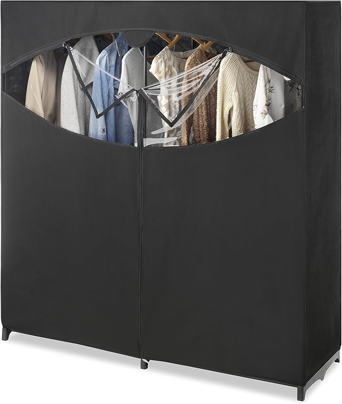 Whitmor Portable Wardrobe Clothes Storage Organizer Closet with Hanging Rack - Extra Wide -Black Color - No-tool Assembly - Extra Strong and Durable - 60"L x 19.5"W x 64"
