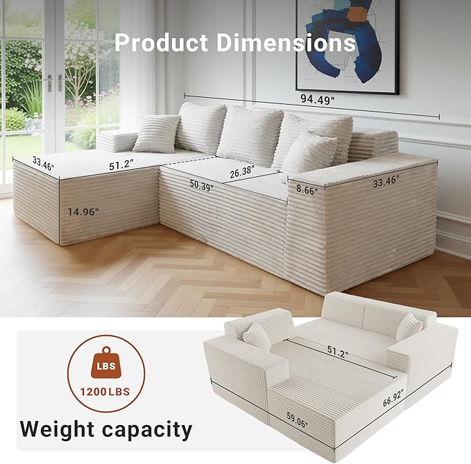 Claiks Boneless Couch, Cloud Couch Sectional, L-Shape Corduroy Modular Sectional Sofa Deep Seat, Upholstered Couches for Living Room, No Assembly Required, Beige, Left Facing Chaise