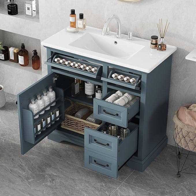 Christopher Knight Home Meril Bathroom Vanity with Ceramic Sink, Wooden Bathroom Storage Cabinet, Pedestal Sink Storage Cabinet, Bathoom Vanity Organizer, Adjustable Door Shelves+Drawer, Blue Gray