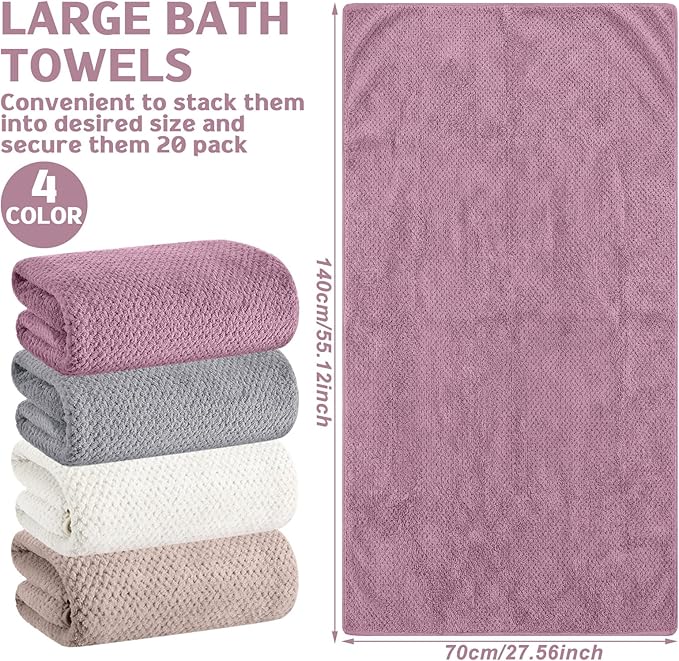 Newwiee 20 Pack Bulk Bath Towels Set, Large Quick Dry Bath Towels 55" x 28" for Spa, Gym, Salon, Hotel and Rental Use(Purple, White, Gray, Khaki)