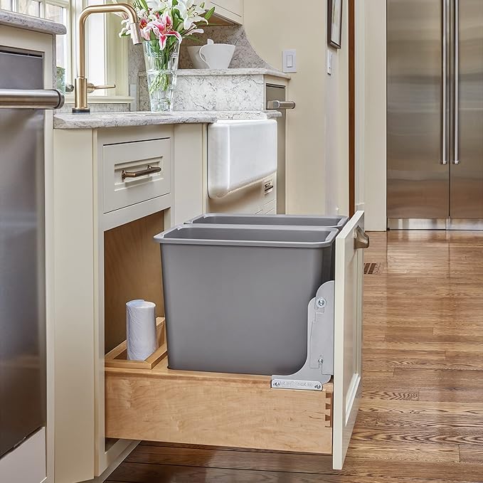 Rev-A-Shelf 35 Qt Bottom Mount Double Pullout Under Cabinet Kitchen Trash Cans w/Soft-Close, 150 Pound Rated Full-Extension Slides, Gray, 4WCBM-18DM-2 – Container Bins for Waste Management